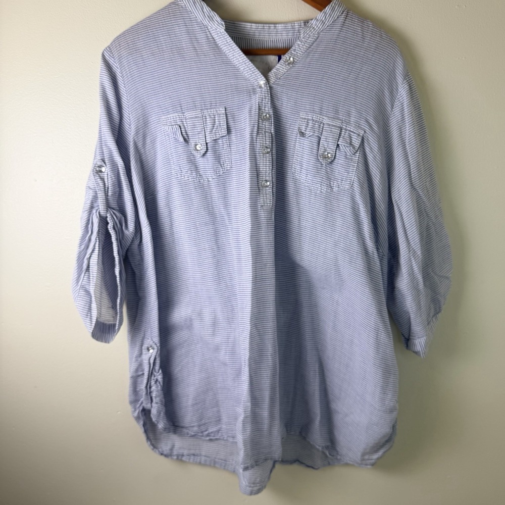 Women's 22/24 blue white Stripe buttoned pockets roll up elbow sleeve top Linen